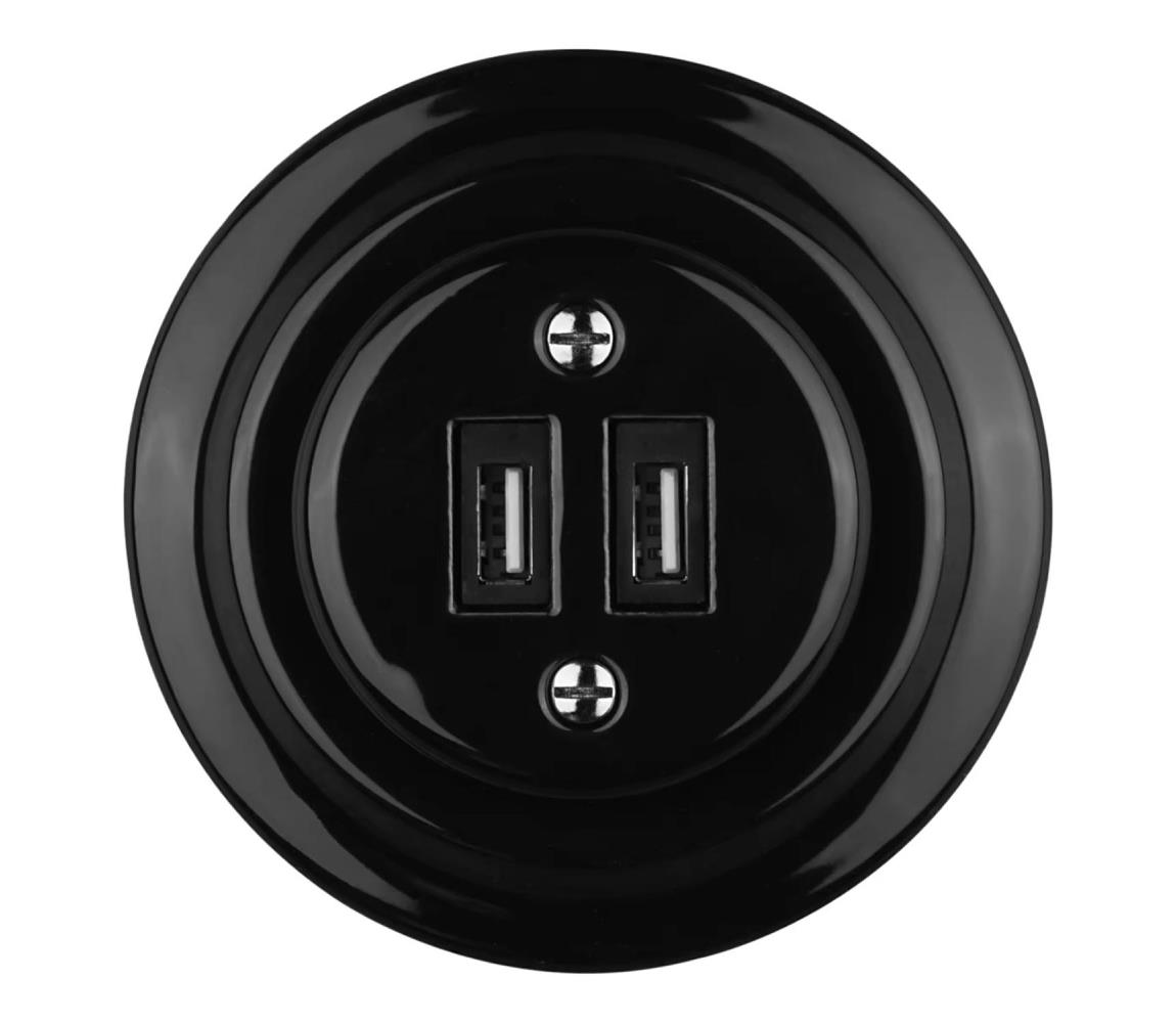 Bohemia-Design - Porcelánová retro USB napájacia zásuvka s rámčekom 2xUSB-A čierna 12359390