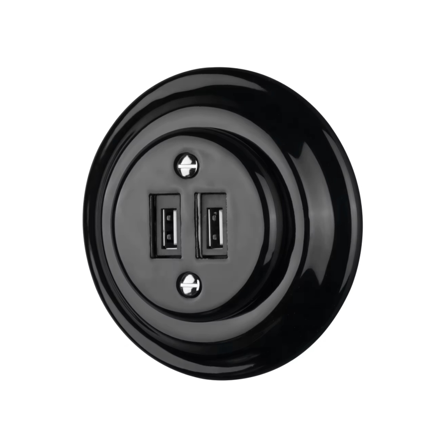 Bohemia-Design - Porcelánová retro USB napájacia zásuvka s rámčekom 2× USB-A čierna