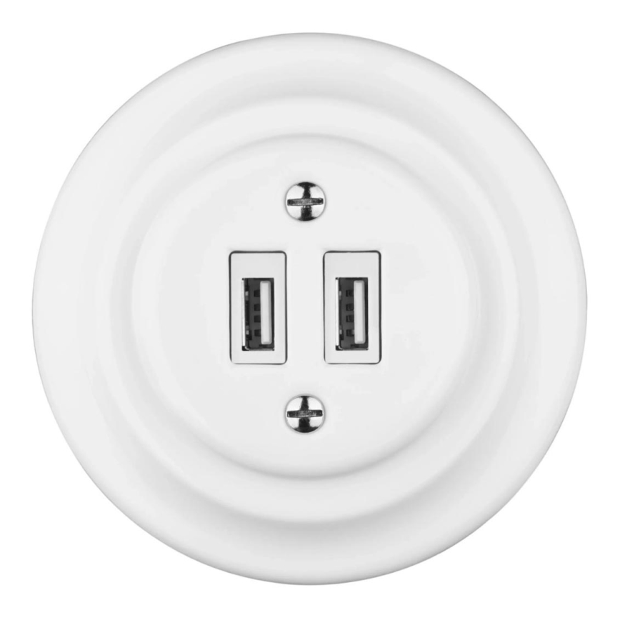 Bohemia-Design - Porcelánová retro USB napájacia zásuvka s rámikom 2x USB-A biela