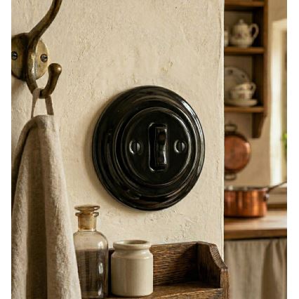 Bohemia-Design - Porcelánový retro jednoduchý zvonkový vypínač s rámčekom, čierny