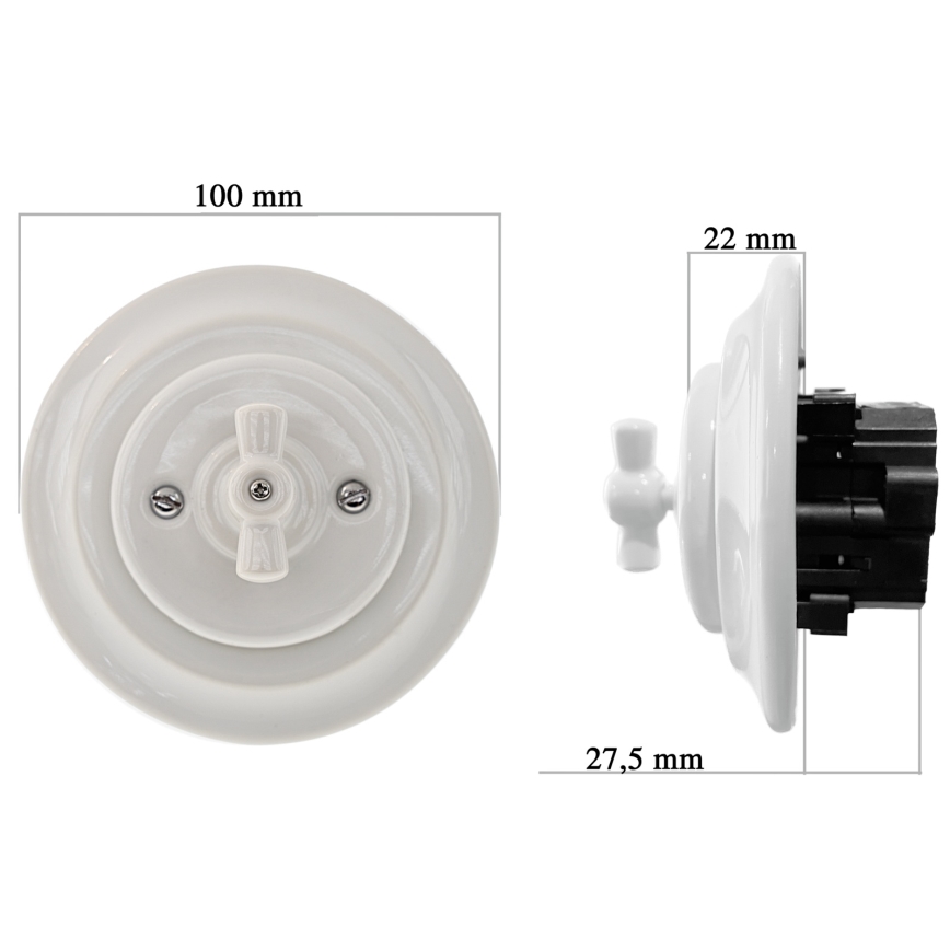 Bohemia-Design - Porcelánový retro stmievač otočný s rámikom 250V/10A biely