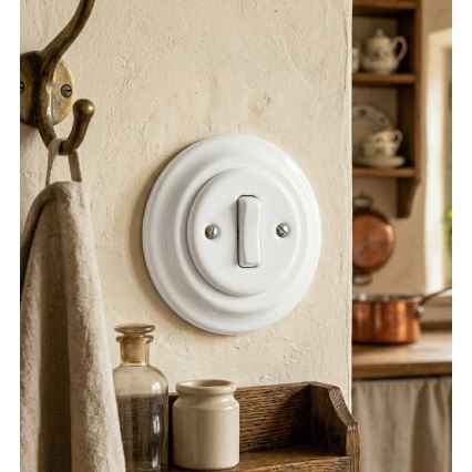 Bohemia-Design - Retro jednoduchý porcelánový zvonkový vypínač s rámčekom, biely