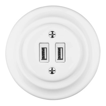 Bohemia-Design - Retro porcelánová USB zásuvka s rámčekom, 2× USB-A, biela