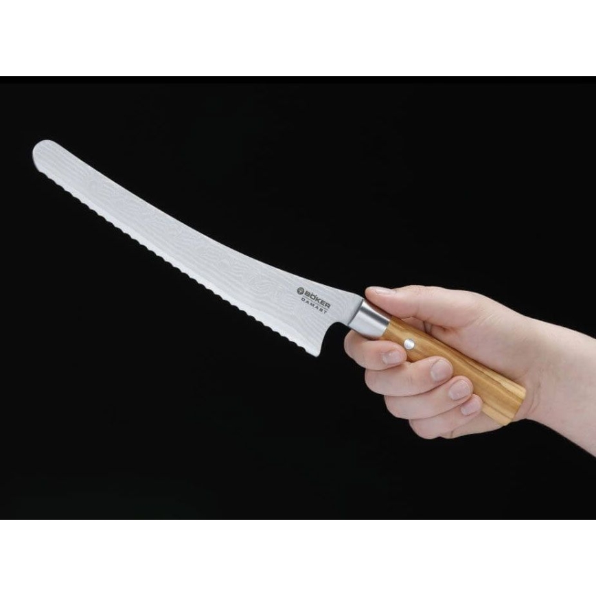Böker - Damaškový kuchynský nôž na pečivo DAMAST OLIVE 23,5 cm olivové drevo
