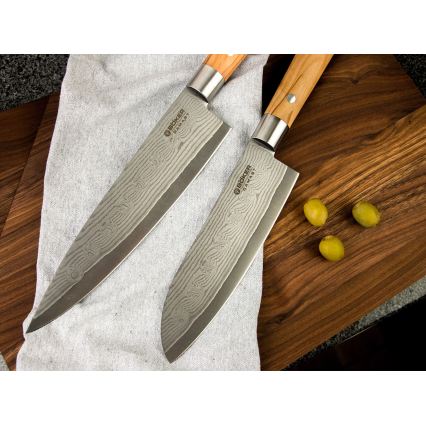 Böker - Damaškový kuchynský nôž santoku DAMAST OLIVE 17,2 cm olivové drevo