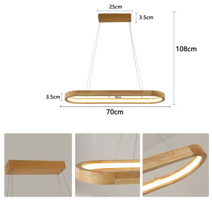 Brilagi - Drevený LED luster UMEA WOOD na lanku, 30W, 230V, 70x20 cm