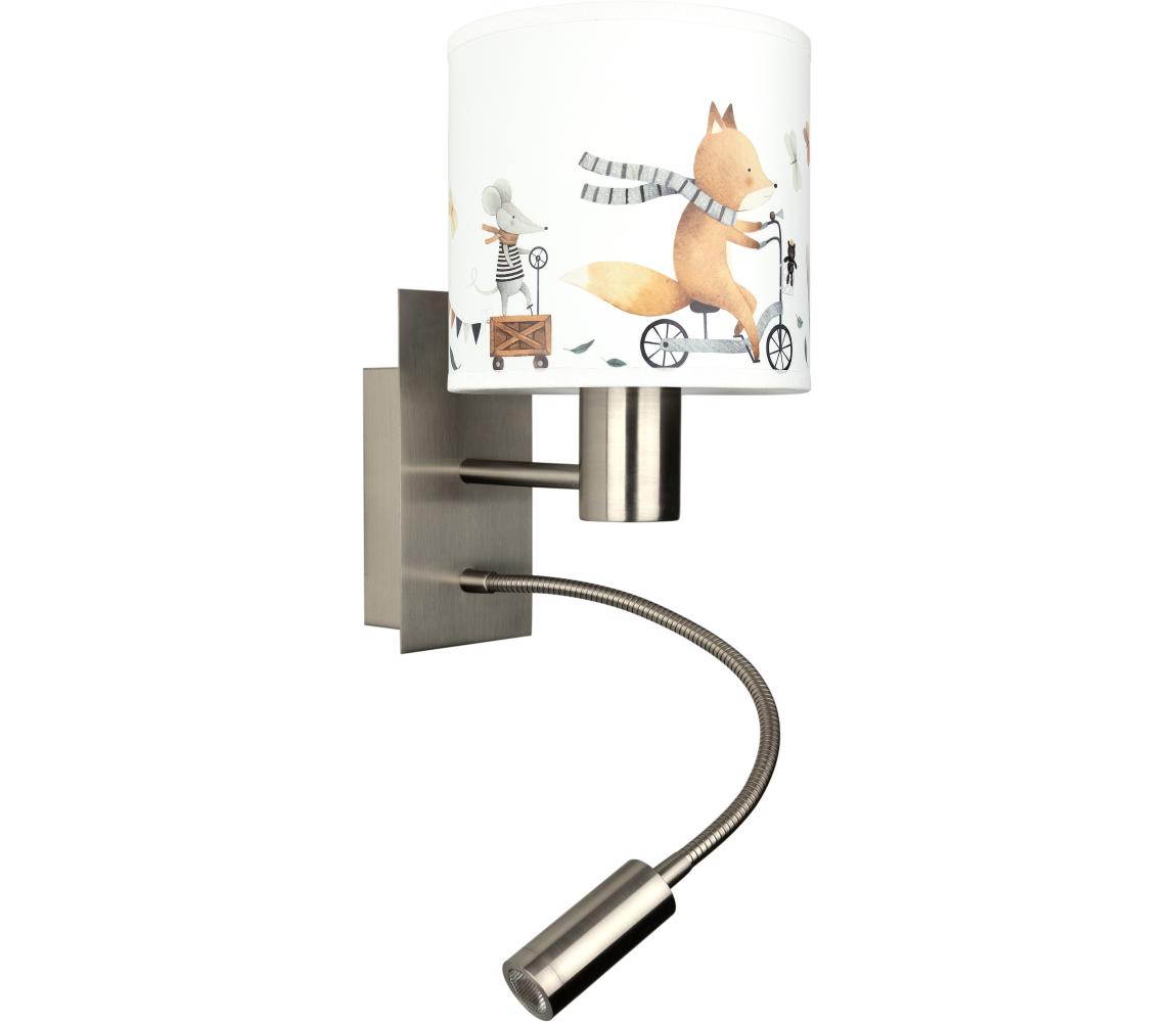 Brilagi - flexibilná LED lampa BOBO 1xE27/25W/230V + LED/3W, matný chróm/biela/s motívom zvieratiek BG1556+BG5578