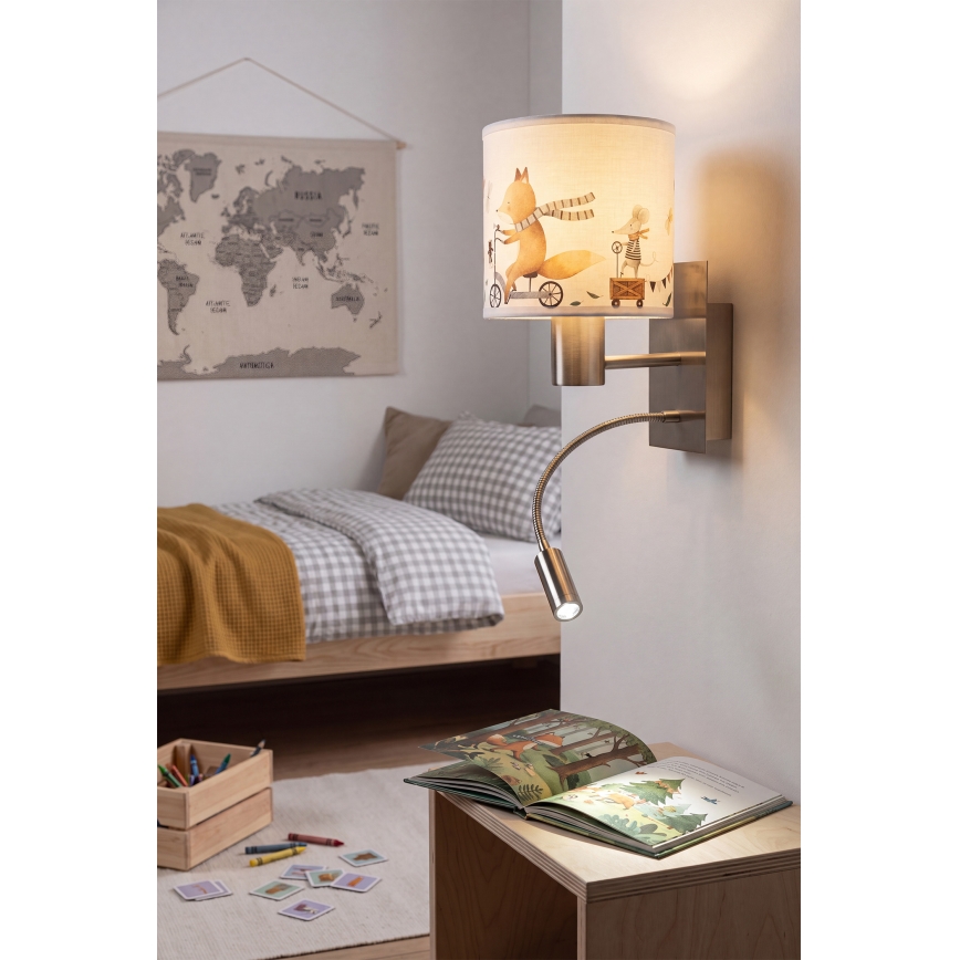 Brilagi - LED Detská flexibilná nástenná lampa BOBO 1xE27/25W/230V + LED/3W matný chróm/biela/zvieratká