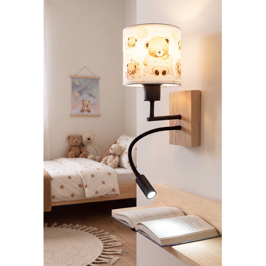 Brilagi - LED Detská flexibilná nástenná lampa BOBO WOOD 1xE27/25W/230V + LED/3W dub/čierna/biela/medvedíky