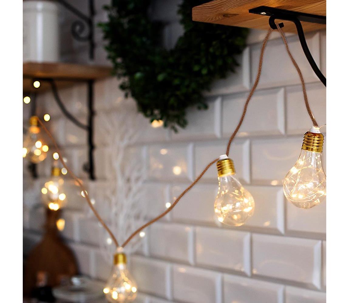 LED dekorativní žárovky na přírodním provazu 10x žárovka 30LED 180cm časovač 3x AA 1V242