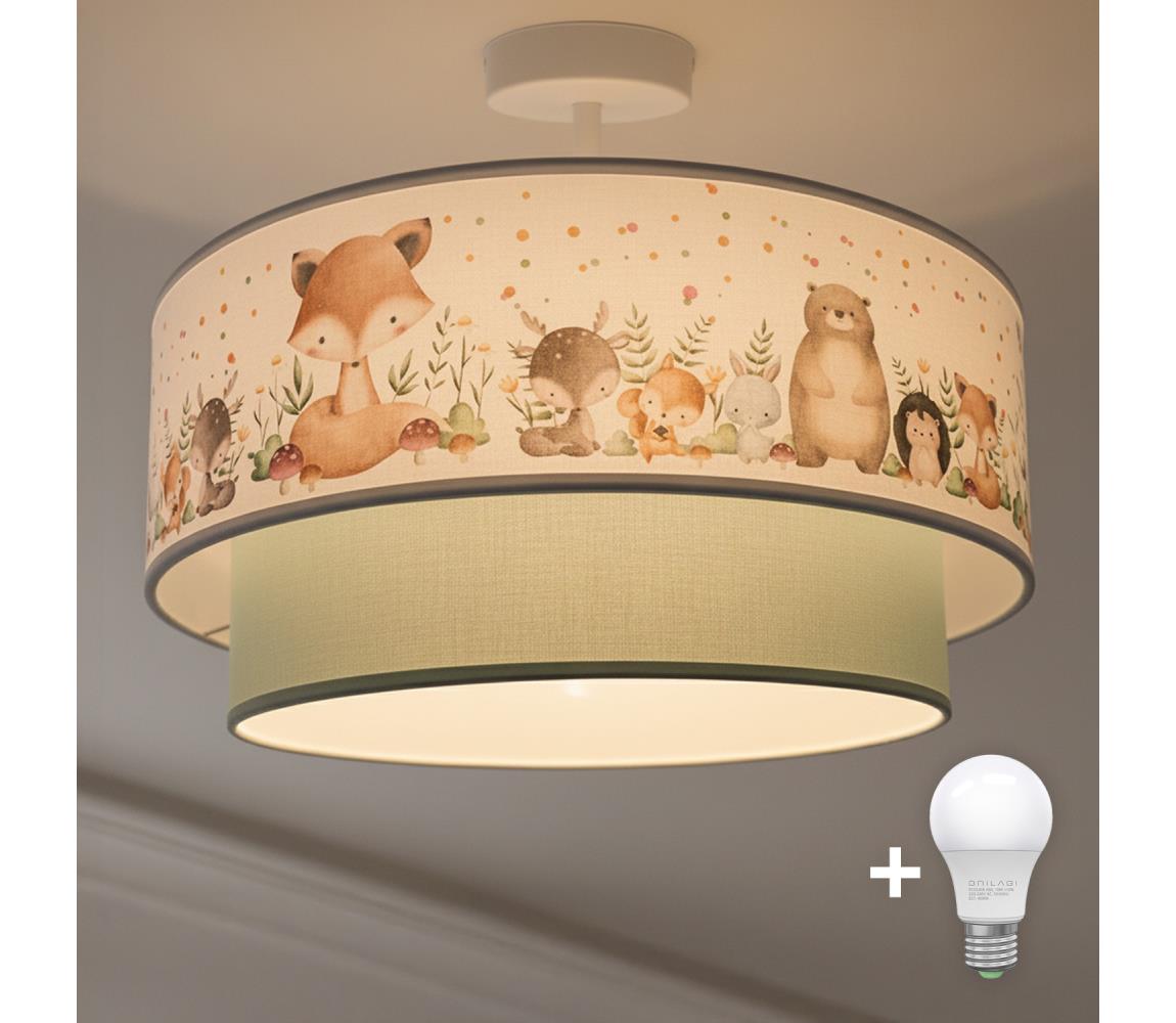 Brilagi-LED Detské prisadené stropné svietidlo BOBO 1xE27/60W/230V Ø 40 cm biela/zelená/so zvieracím motívom 8590828051275