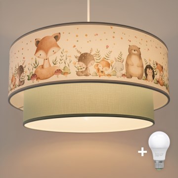 Brilagi- LED detský luster na lankovom závese BOBO 1xE27/60W/230V pr. 40 cm biela/zelená/so zvieratkami.