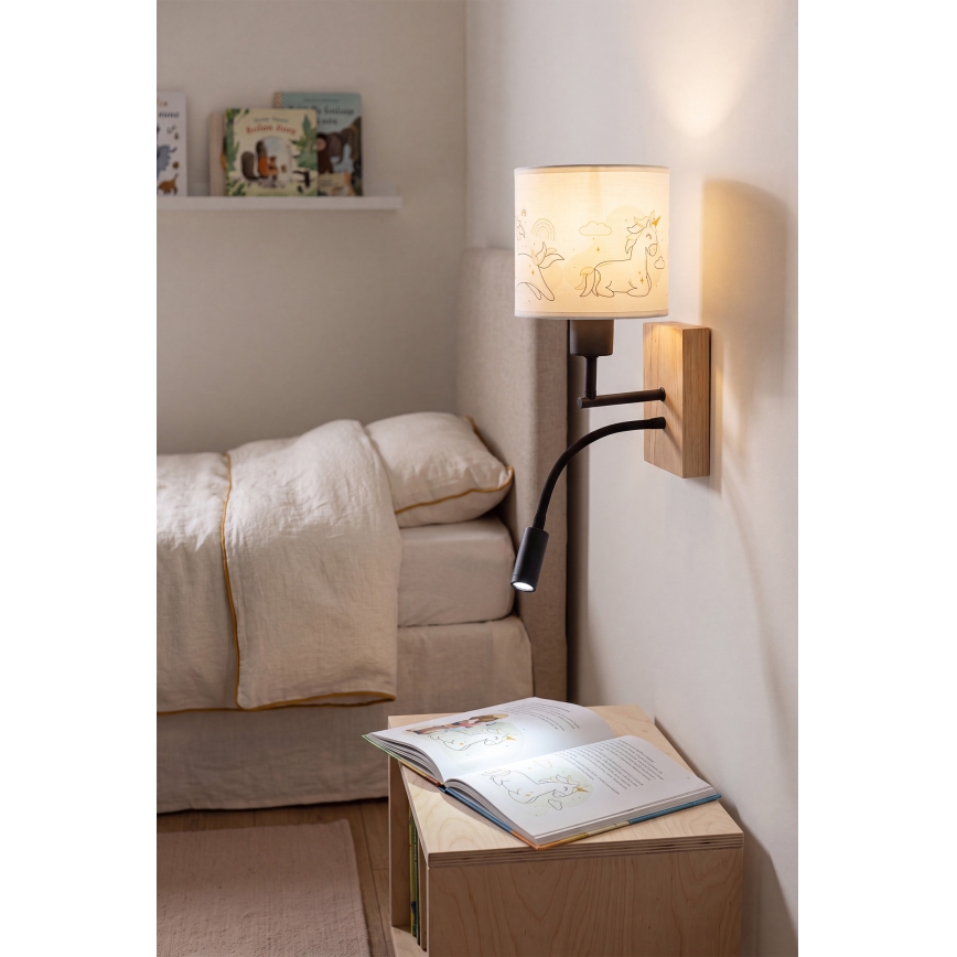Brilagi - LED Detská flexibilná nástenná lampa BOBO WOOD 1xE27/25W/230V + LED/3W dub/čierna/biela/jednorožce