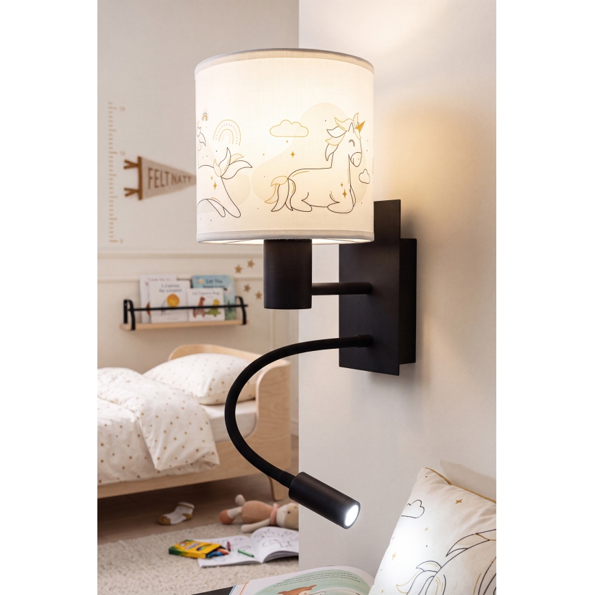 Brilagi - LED detská flexibilná nástenná lampa BOBO 1xE27/25W/230V + LED/3W čierna/biela/s motívom jednorožcov