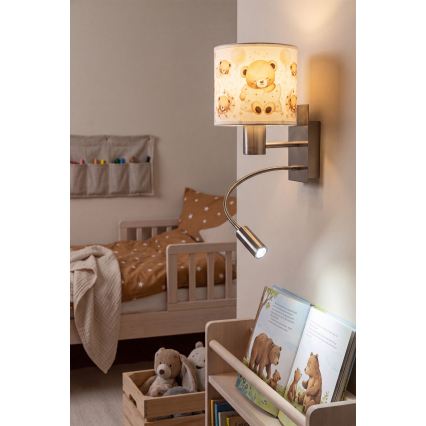 Brilagi - LED detská flexibilná nástenná lampa BOBO 1xE27/25W/230V + LED/3W matný chróm/biela/medvedíky