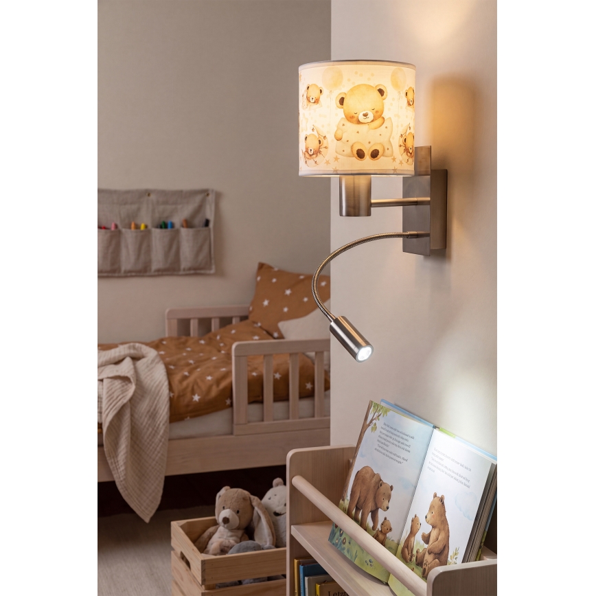 Brilagi - LED detská flexibilná nástenná lampa BOBO 1xE27/25W/230V + LED/3W matný chróm/biela/medvedíky