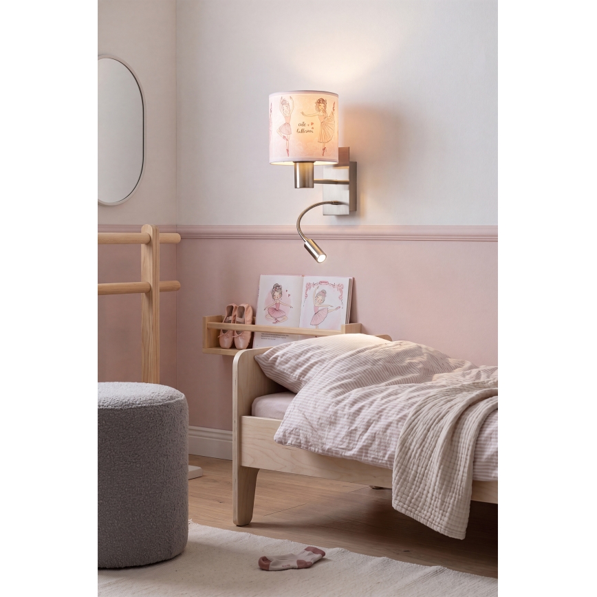 Brilagi - LED Detská flexibilná nástenná lampa BOBO 1xE27/25W/230V + LED/3W matný chróm/biela/ružová/baletky