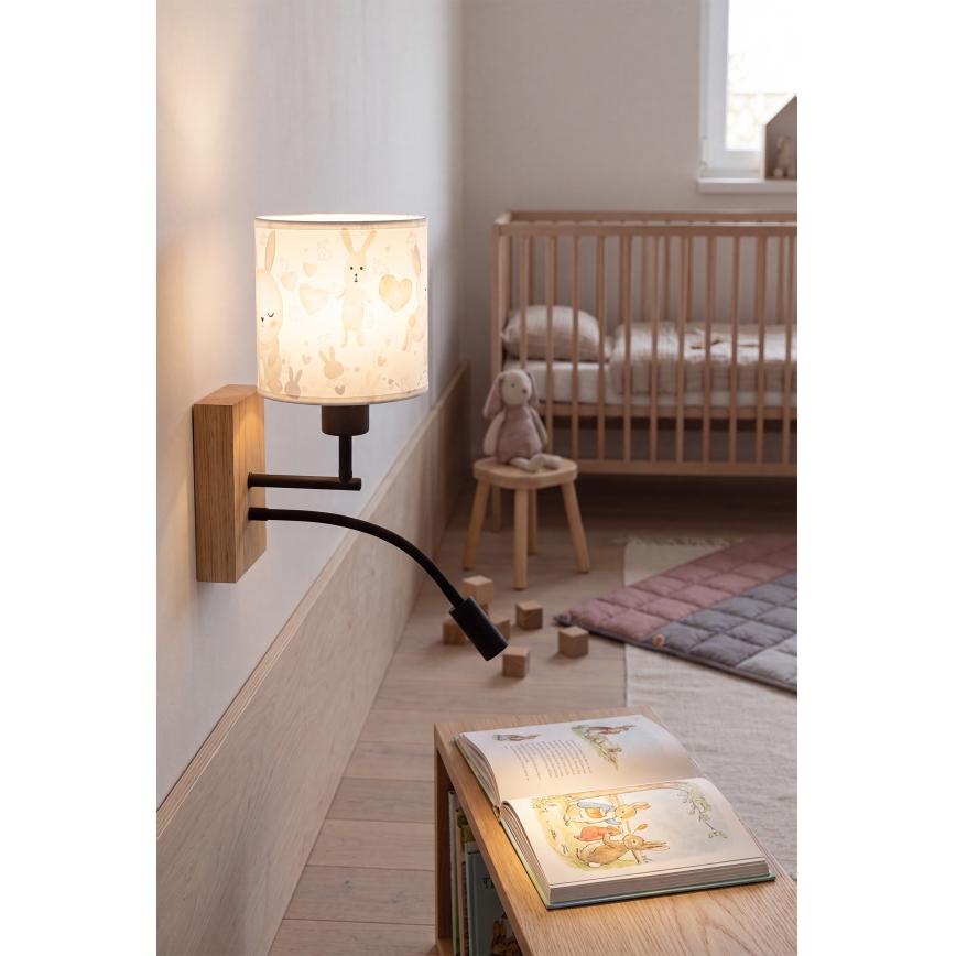Brilagi - LED Detská flexibilná nástenná lampa BOBO WOOD 1xE27/25W/230V + LED/3W dub/čierna/biela/zajačiky