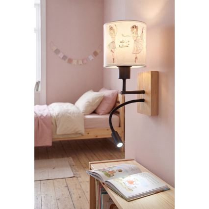 Brilagi - LED detská flexibilná nástenná lampa BOBO WOOD 1xE27/25W/230V + LED/3W dub/čierna/biela/ružová/baletky