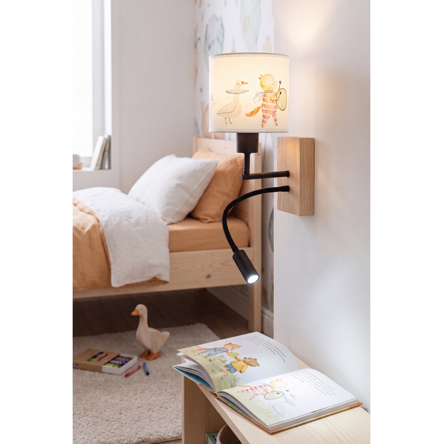 Brilagi - LED detská flexibilná nástenná lampa BOBO WOOD 1xE27/25W/230V + LED/3W dub/čierna/biela/zvieratká