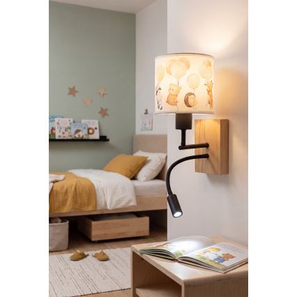 Brilagi - LED Detská flexibilná nástenná lampa BOBO WOOD 1xE27/25W/230V + LED/3W dub/čierna/biela/zvieratká