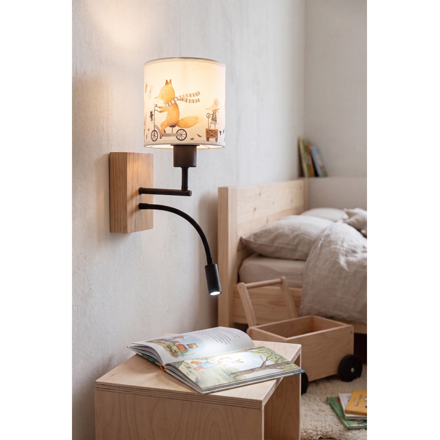 Brilagi - LED Detská flexibilná nástenná lampa BOBO WOOD 1xE27/25W/230V + LED/3W dub/čierna/biela/zvieratká