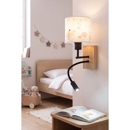 Brilagi - LED detská flexibilná nástenná lampa BOBO WOOD 1xE27/25W/230V + LED/3W dub/čierna/krémová/zajačiky