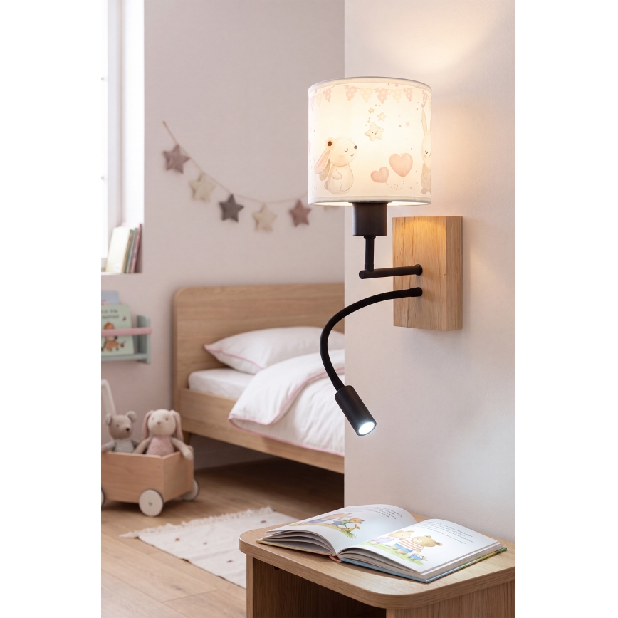 Brilagi - LED detská flexibilná nástenná lampa BOBO WOOD 1xE27/25W/230V + LED/3W dub/čierna/krémová/zajačiky