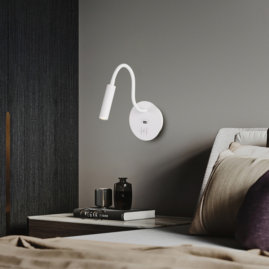 Brilagi - LED Flexibilná nástenná lampa s USB portom MAYA LED/3W/230V 4000K biela