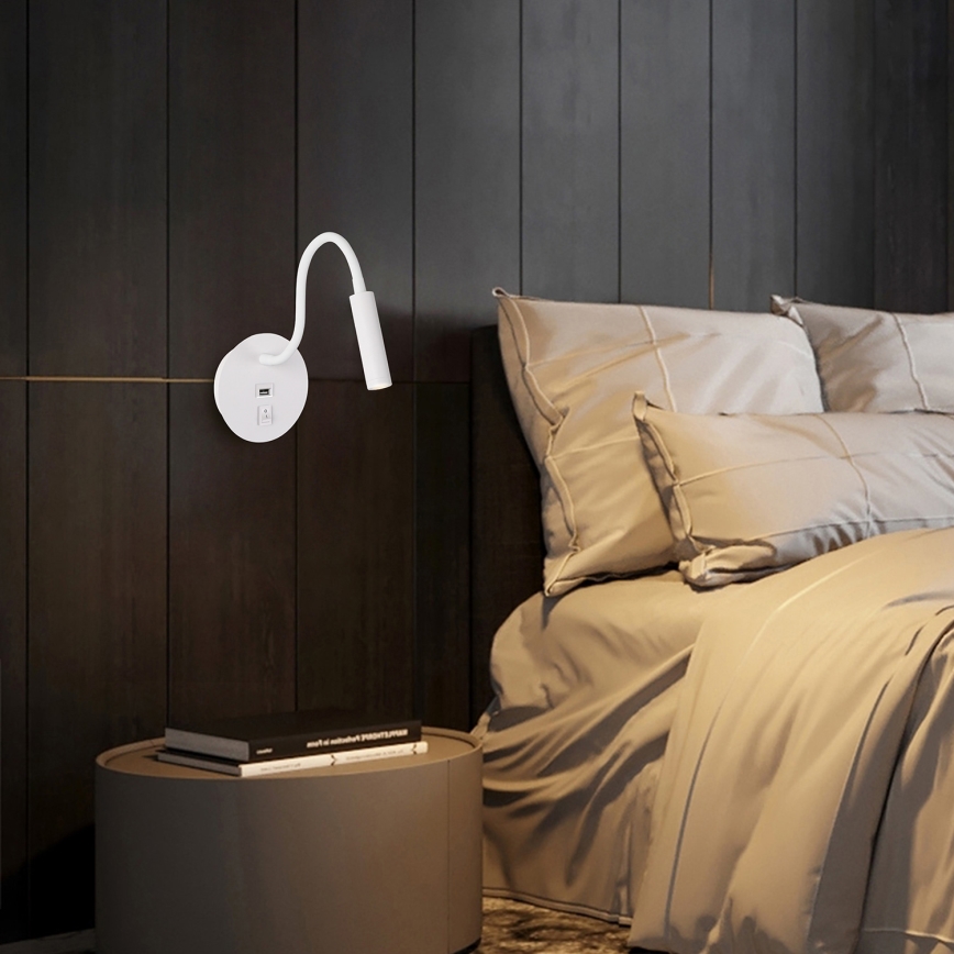Brilagi - LED Flexibilná nástenná lampa s USB portom MAYA LED/3W/230V 4000K biela