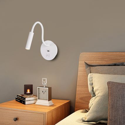 Brilagi - LED Flexibilná nástenná lampa s USB portom MAYA LED/3W/230V 4000K biela