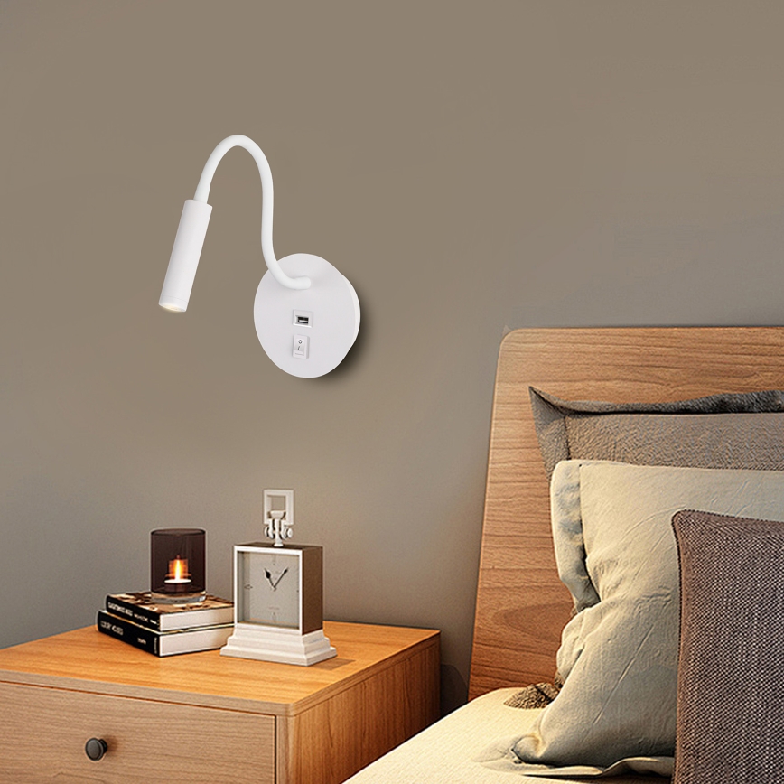 Brilagi - LED Flexibilná nástenná lampa s USB portom MAYA LED/3W/230V 4000K biela