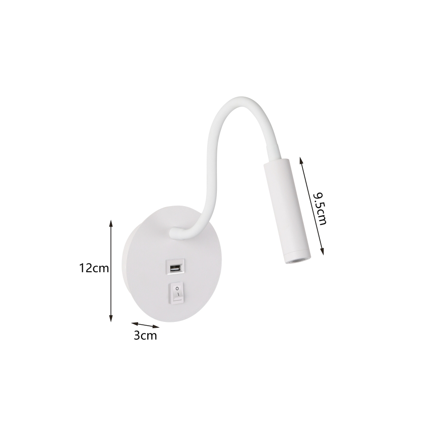 Brilagi - LED Flexibilná nástenná lampa s USB portom MAYA LED/3W/230V 4000K biela