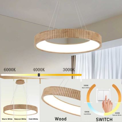 Brilagi - závesný LED luster na lanku FALCON WOOD MODERN, LED/40W/230V, 3000/4000/6000K (nastaviteľná teplota), priemer 60 cm, drevo