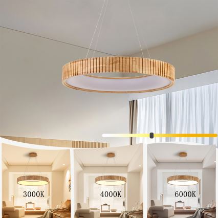 Brilagi - závesný LED luster na lanku FALCON WOOD MODERN, LED/40W/230V, 3000/4000/6000K (nastaviteľná teplota), priemer 60 cm, drevo