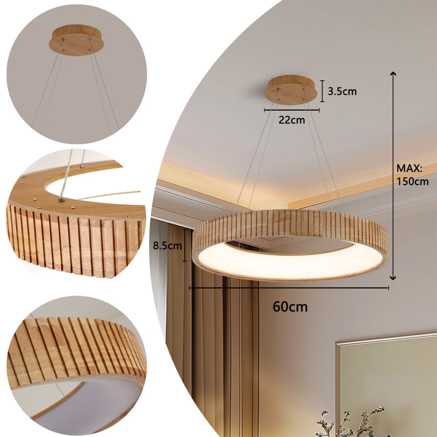 Brilagi - závesný LED luster na lanku FALCON WOOD MODERN, LED/40W/230V, 3000/4000/6000K (nastaviteľná teplota), priemer 60 cm, drevo