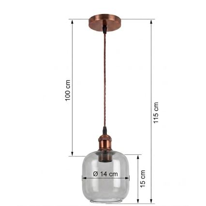 BRILAGI - LED luster na lanku RETRO GLASS 1xE27/60W/230V pr. 14 cm medená/dymová sivá
