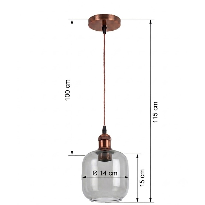 BRILAGI - LED luster na lanku RETRO GLASS 1xE27/60W/230V pr. 14 cm medená/dymová sivá