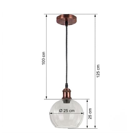 BRILAGI - LED luster na lanku RETRO GLASS 1xE27/60W/230V pr. 25 cm medená/priehľadná