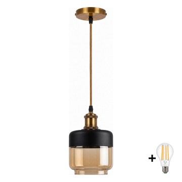 BRILAGI - LED luster na lanku RETRO GLASS 1xE27/60W/230V priemer 14 cm zlatá/dymovo-béžová