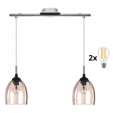 BRILAGI - LED luster na lanku RETRO GLASS 2xE27/60W/230V matný chróm/dymová béžová