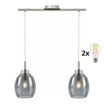 BRILAGI - LED luster na lanku RETRO GLASS 2xE27/60W/230V matný chróm/dymovo šedá