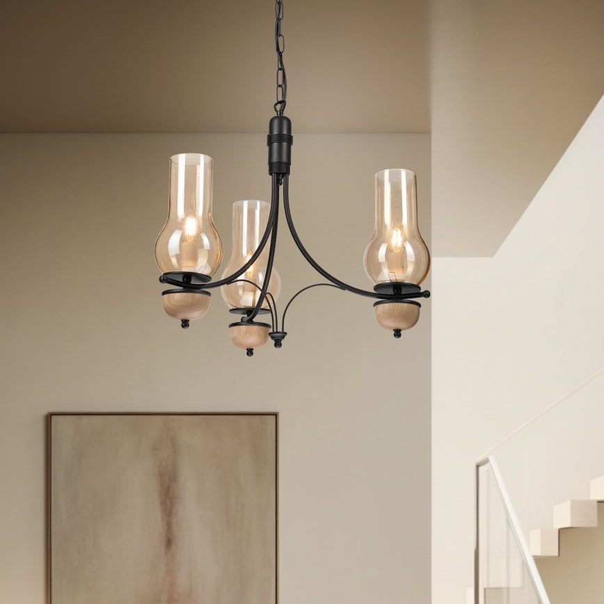 Brilagi - LED luster na reťazi COTTAGE 3xE14/40W/230V dub/čierna/dymová béžová
