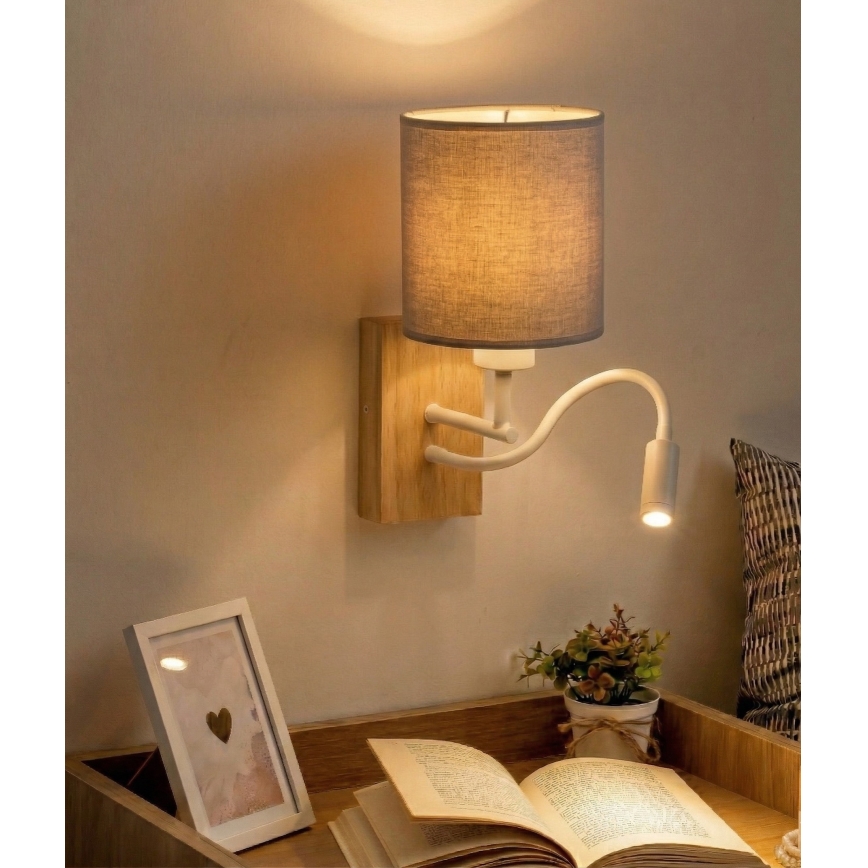 Brilagi - LED flexibilná nástenná lampa NUBILA WOOD 1xE27/25W/230V + LED/3W dub/biela/svetlošedá