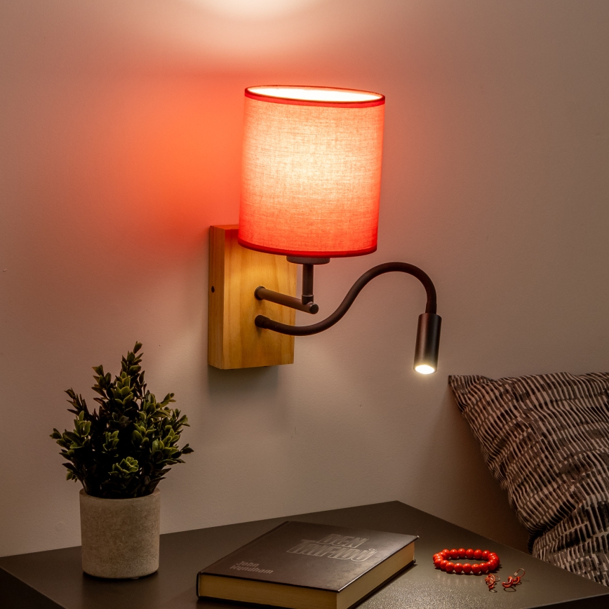 Brilagi - LED Flexibilná nástenná lampa NUBILA WOOD 1xE27/25W/230V + LED/3W dub/červená