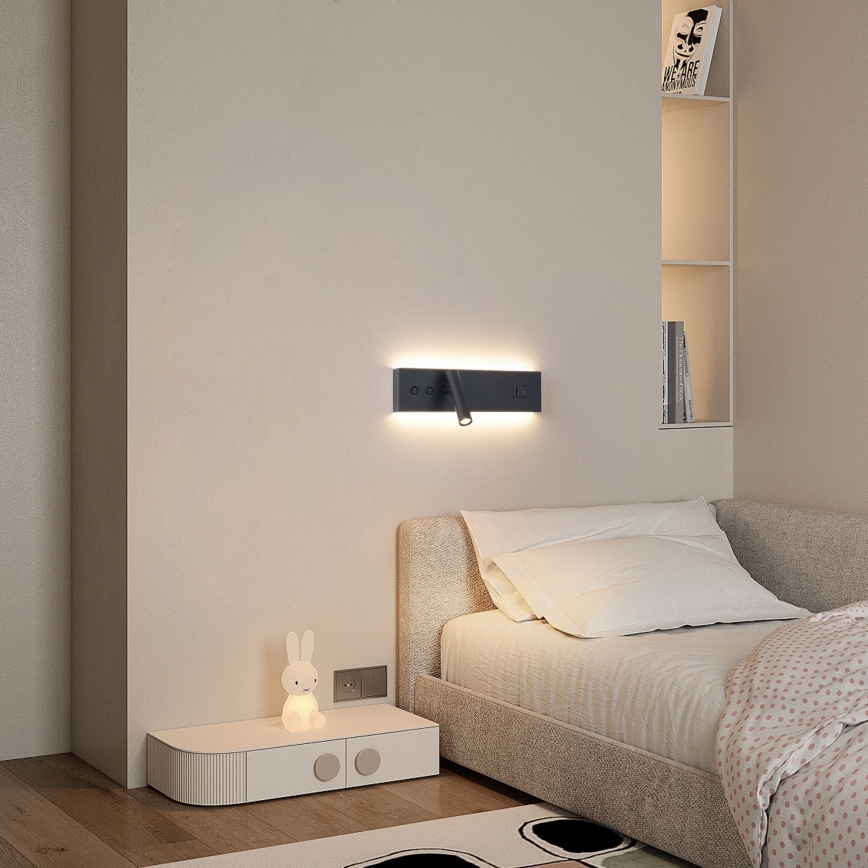 Brilagi - LED nástenné bodové svietidlo s USB portom NOCTIS LED/3W/230V + LED/9W čierne