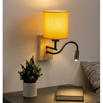 Brilagi - LED flexibilná nástenná lampa NUBILA WOOD 1xE27/25W/230V + LED/3W dub/čierna/žltá
