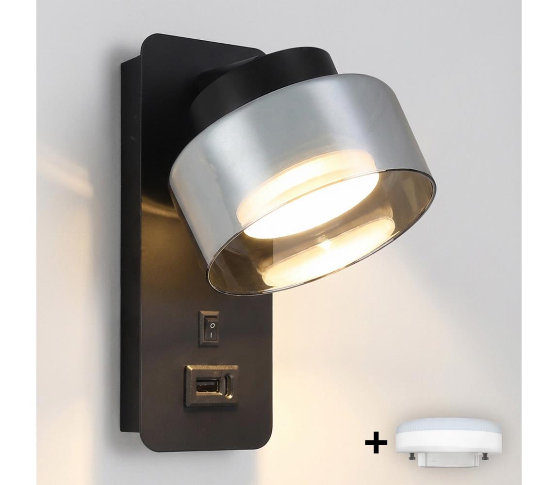 Brilagi - LED Nástenné svietidlo s USB portom AURA LUX 1xGX53/30W/230V čierna/dymová WO-OEM-CF-13-BK