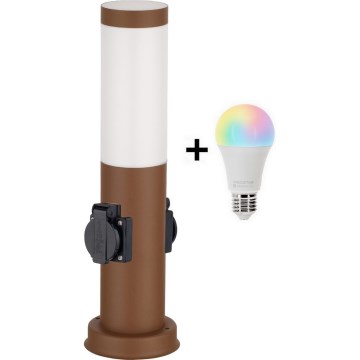 Brilagi - LED RGBW stmievateľná vonkajšia lampa s 2 zásuvkami 1xE27/15W/230V 2700-6500K IP44 40 cm hnedá