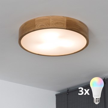 BRILAGI - LED RGBW Stmievateľné stropné svietidlo CARVALHO 3xE27/12W/230V 2700-6500K dub pr. 47,5 cm